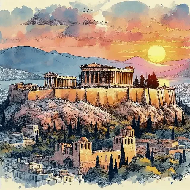 Σκίτσο του Παρθενώνα κάτω από έναν καυτό, φλεγόμενο ουρανό, που συμβολίζει τις ακραίες θερμοκρασίες στην Αττική.