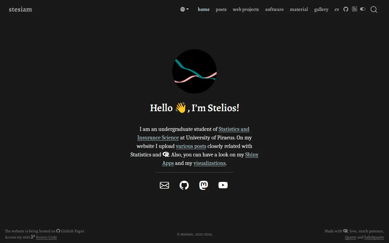 The home page in October 2024: a round black logo and the heading “Hello 👋, I’m Stelios!”