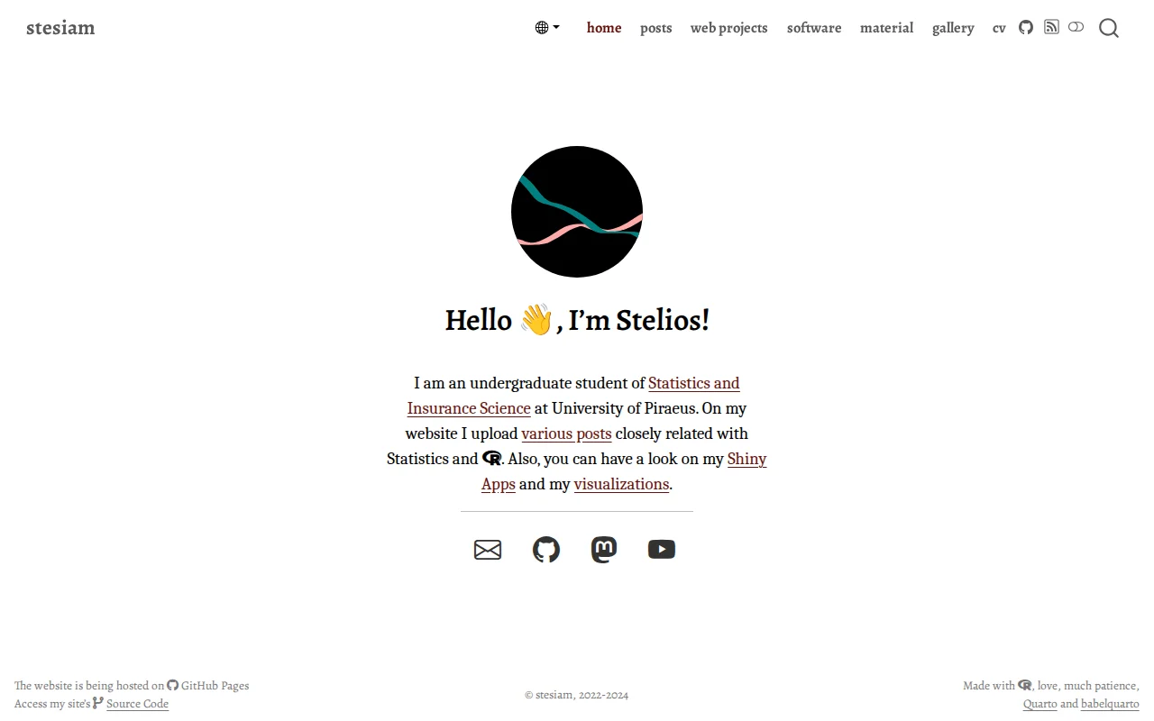 The home page in October 2024: a round black logo and the heading “Hello 👋, I’m Stelios!”