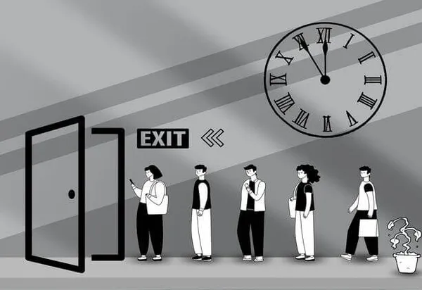 Illustration of five people standing in line to exit a building, with a visible exit sign, an open door and a large clock showing 5:00.