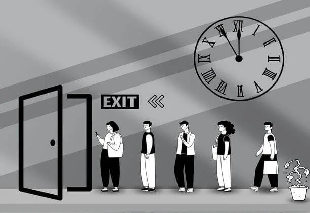 Illustration of five people standing in line to exit a building, with a visible exit sign, an open door and a large clock showing 5:00.